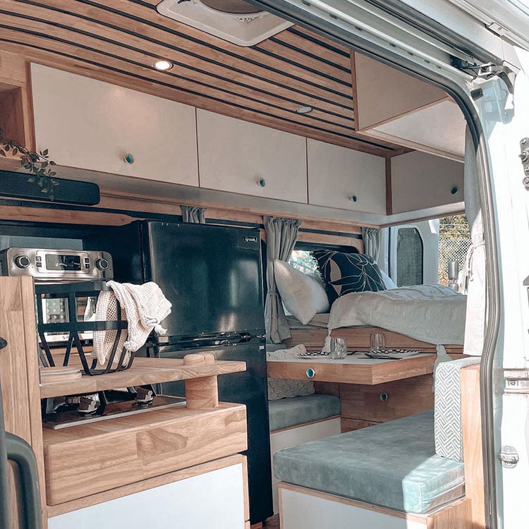 The van's timber dining table and seating