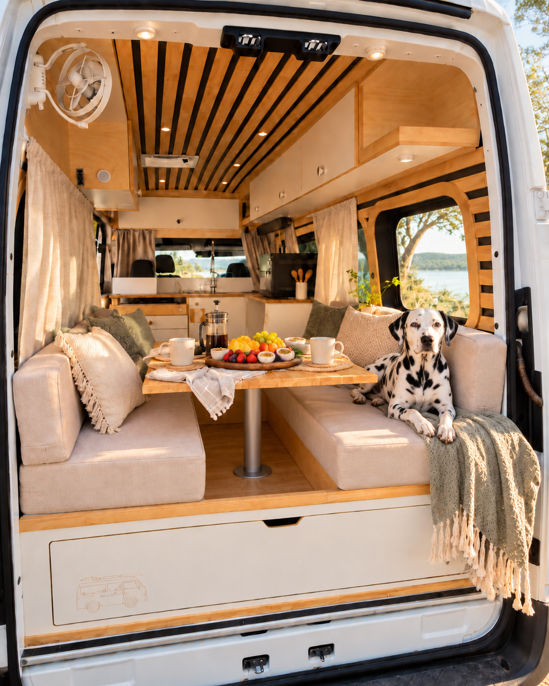 Campervan dining area with a timber table, cream seating and open rear doors